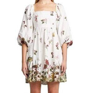 Cara Cara Womens XS Fairytale Linen Carmen Mini Dress in Mushroom Border Ivory